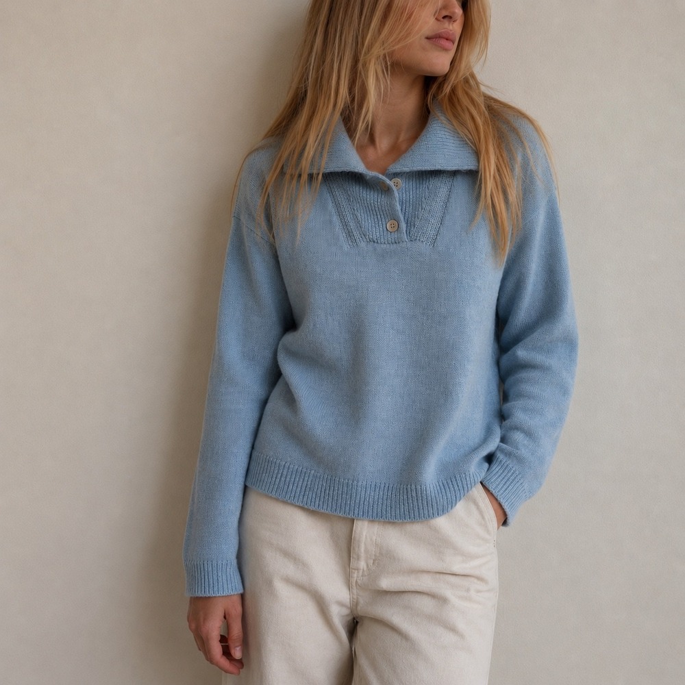 Talbots Blue Sweater Button‎ Collar Pullover Medium Coastal Minimalist Preppy
